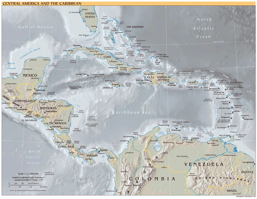 Large scale political map of Central America and the Carribean with relief - 2000