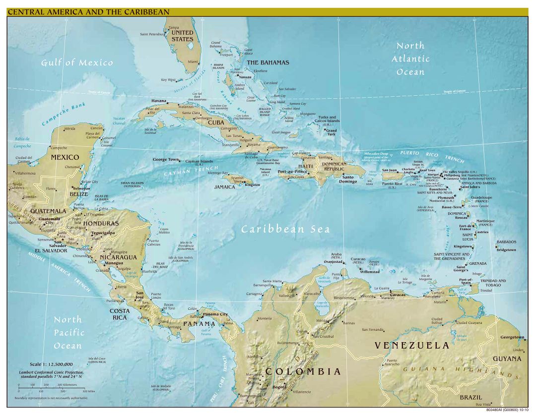 Large scale political map of Central America and the Carribean with relief - 2010