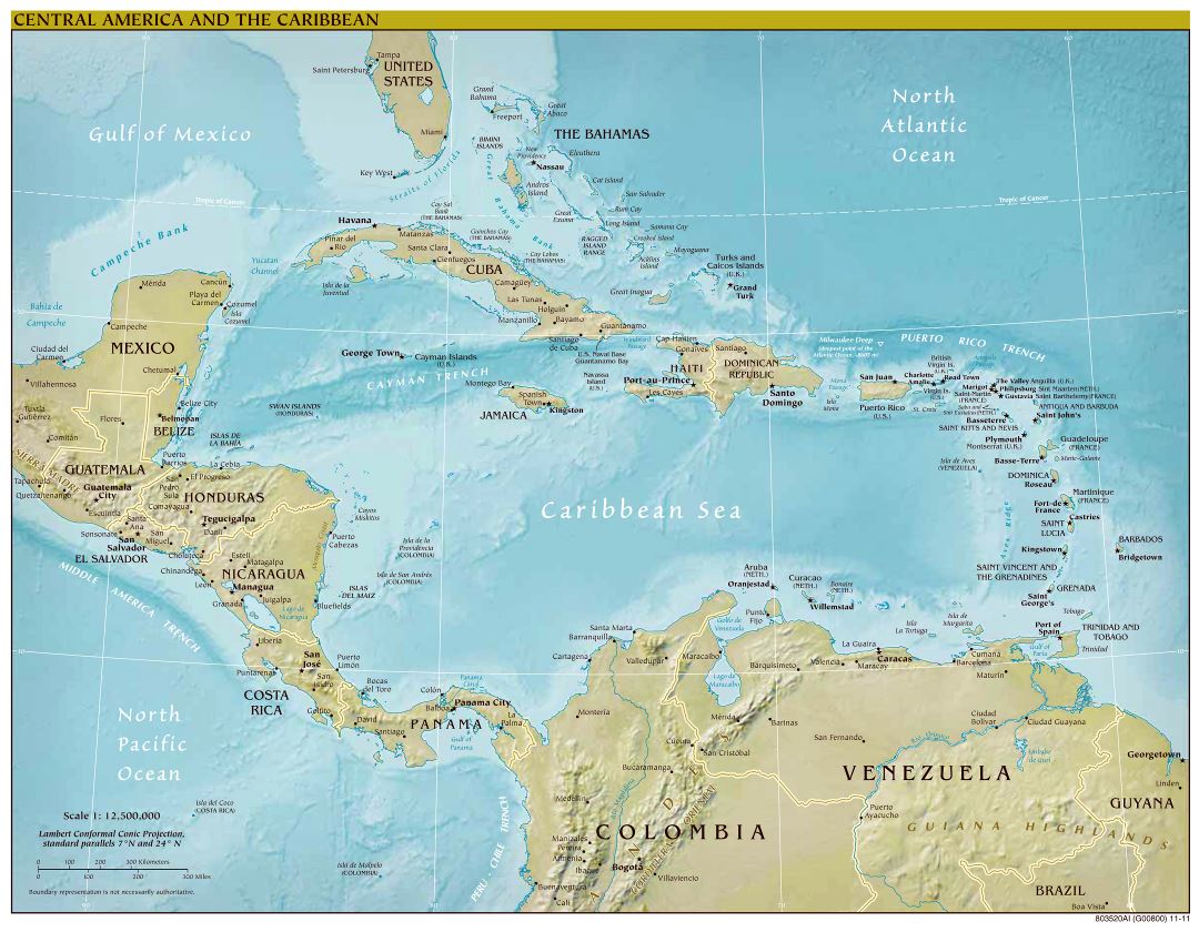 Large scale political map of Central America and the Carribean with relief and capitals - 2011