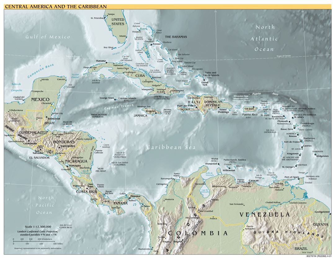 Large scale political map of Central America and the Carribean with relief, major cities and capitals - 2001