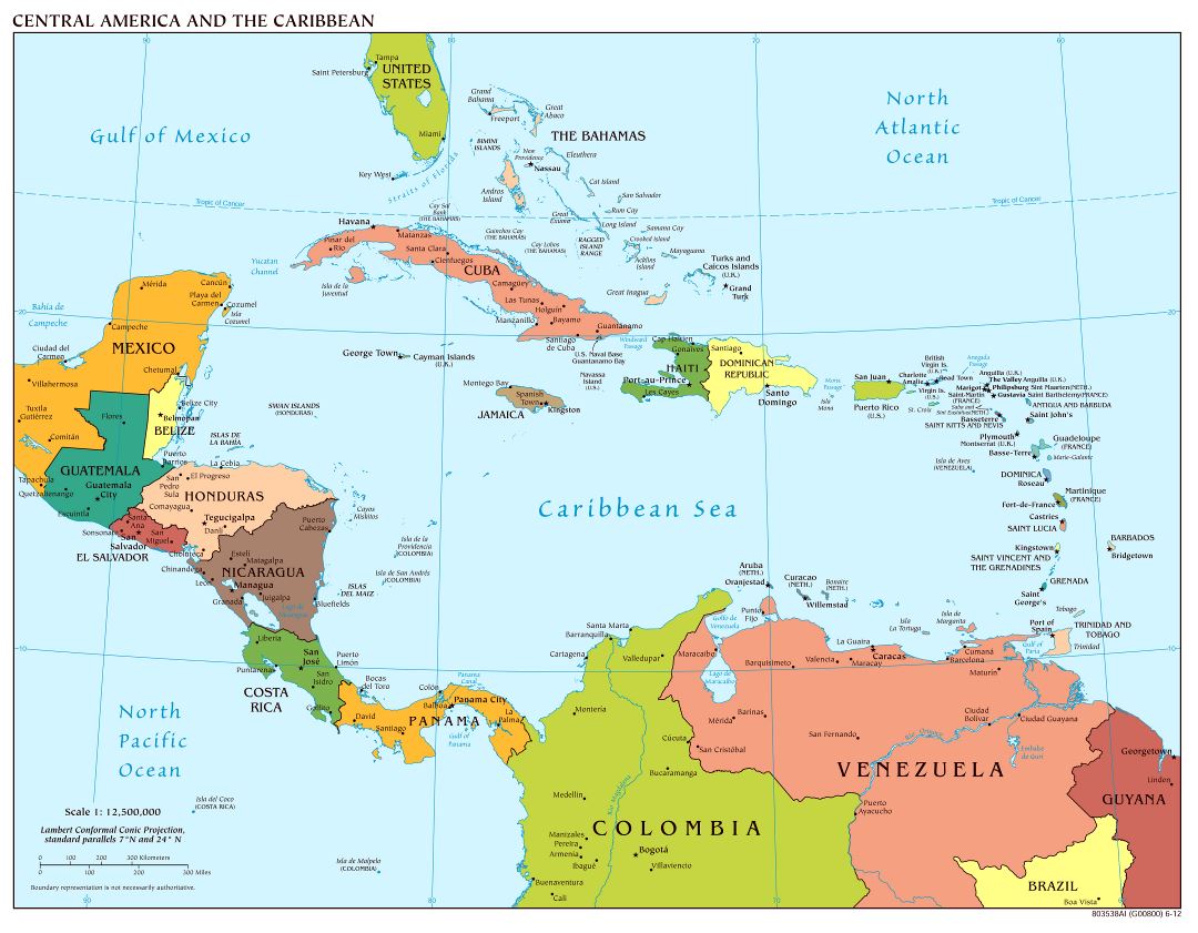 Large scale political map of Central America with major cities - 2012