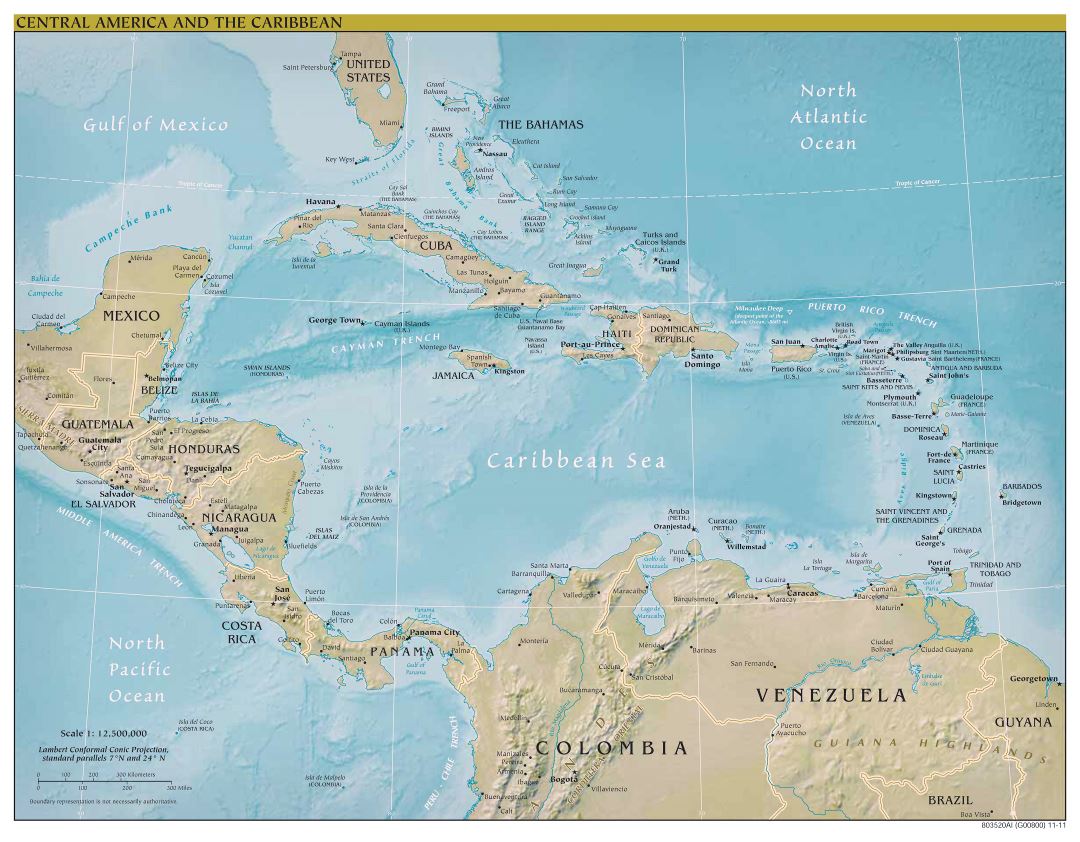 Large scale political map of Central America with relief and major cities - 2012