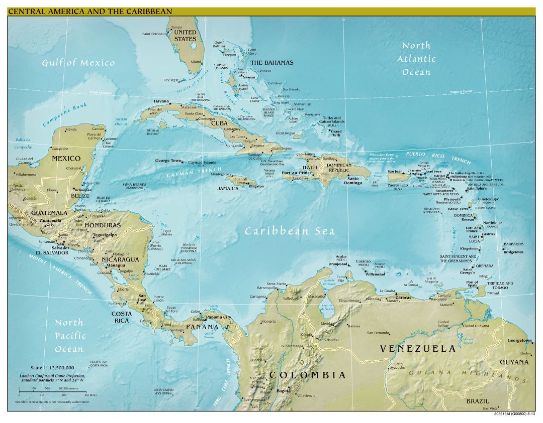 Large scale political map of Central America with relief, major cities and capitals - 2013