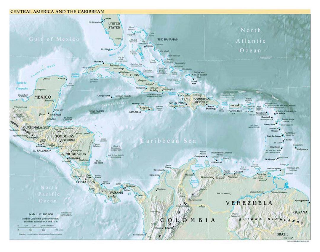 Political map of Central America and the Carribean with relief - 1999