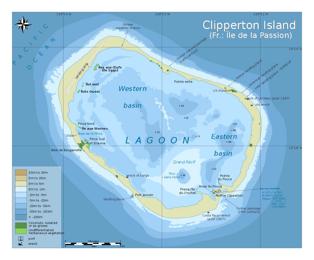 Detailed physical map of Clipperton Island with other maps