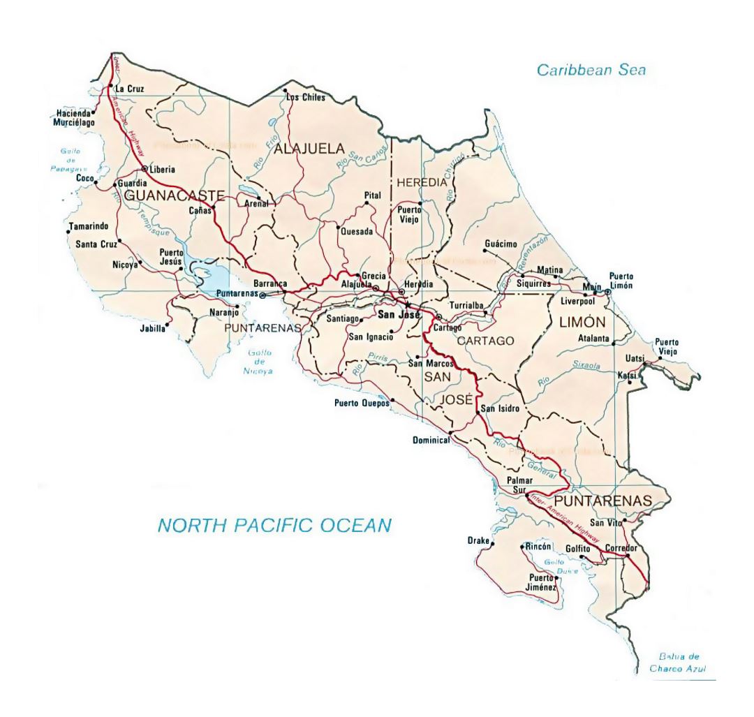 Detailed administrative map of Costa Rica with other marks