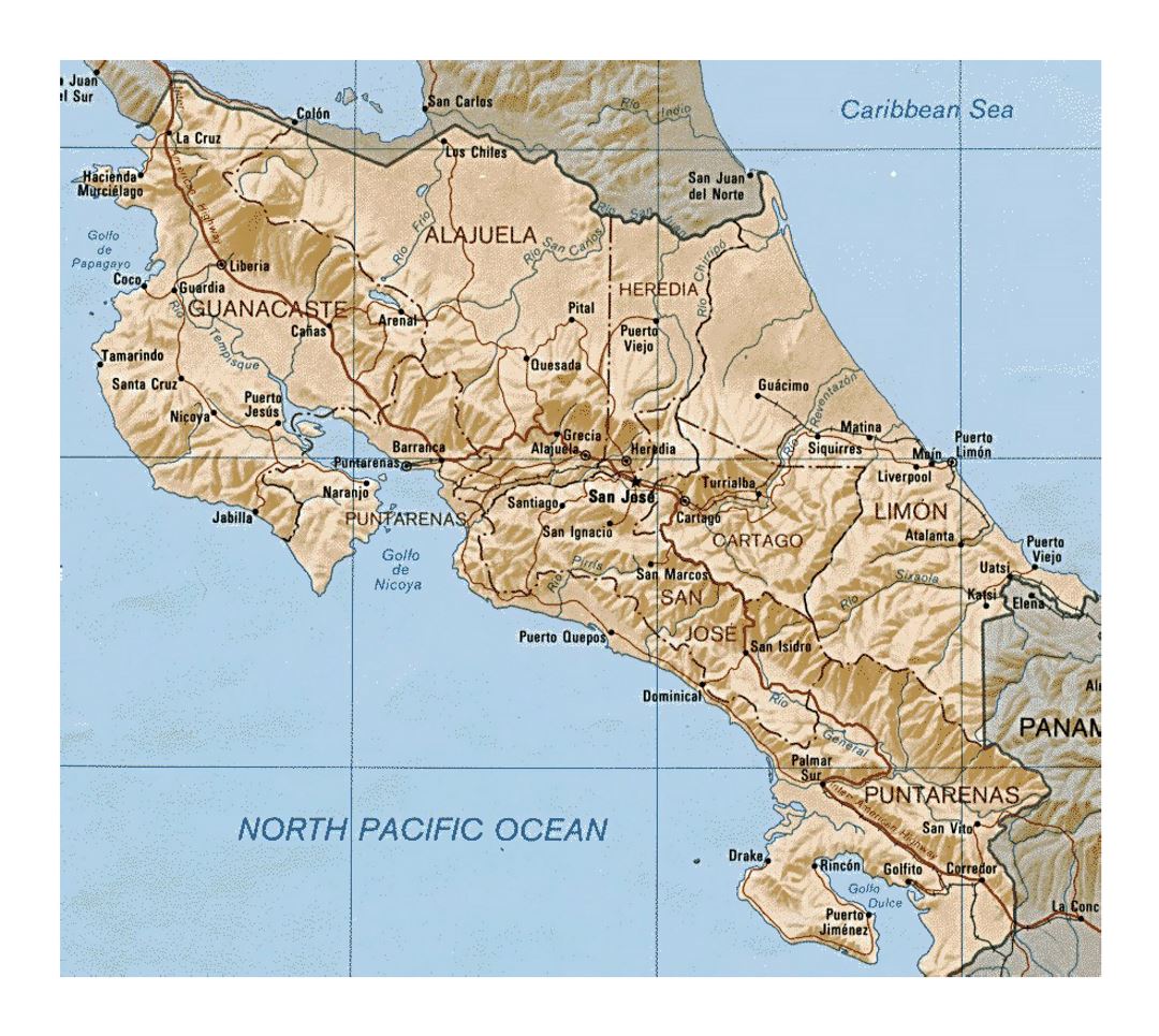 Detailed administrative map of Costa Rica with relief, roads and cities