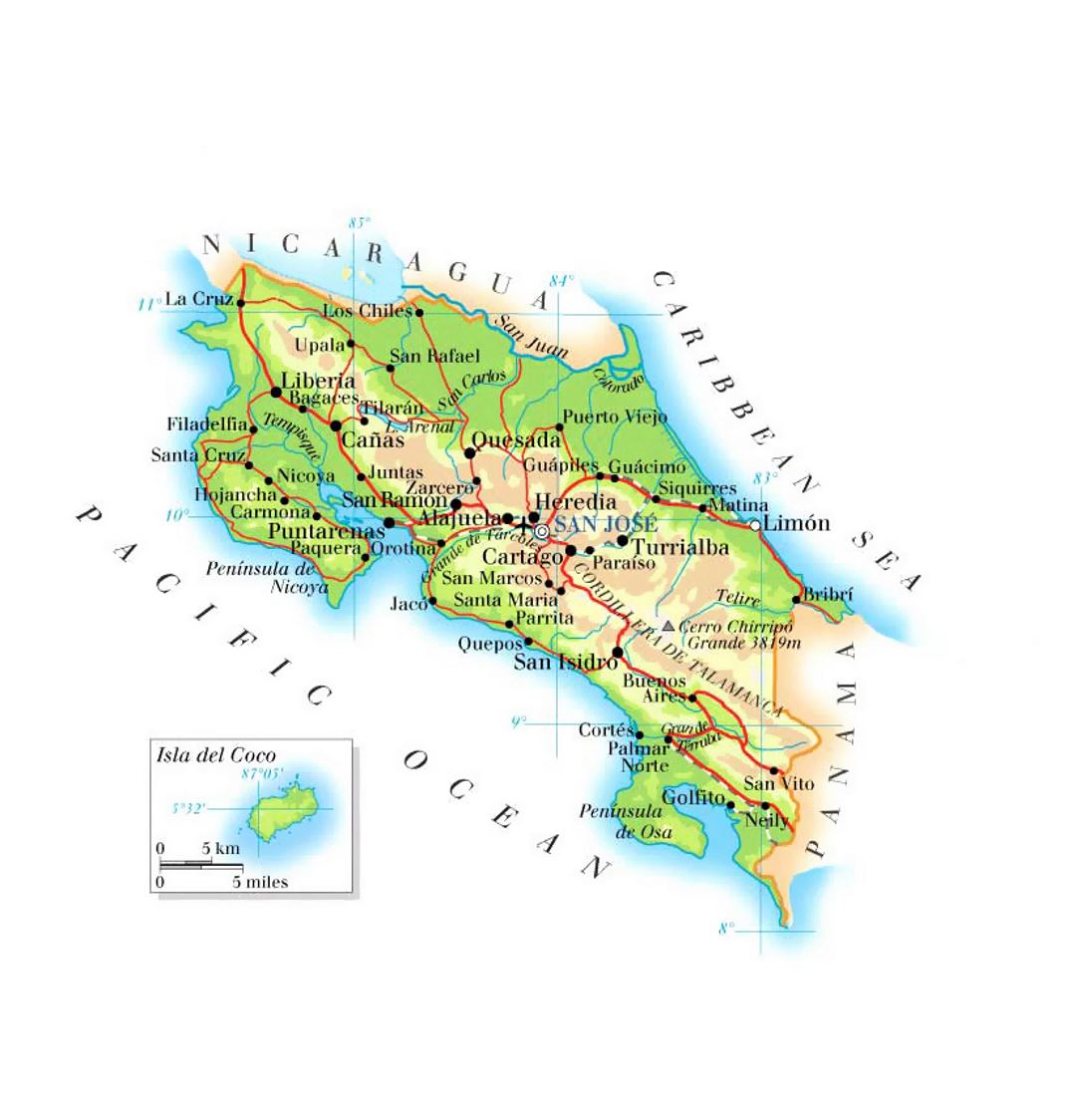 Detailed elevation map of Costa Rica with roads, cities and airports