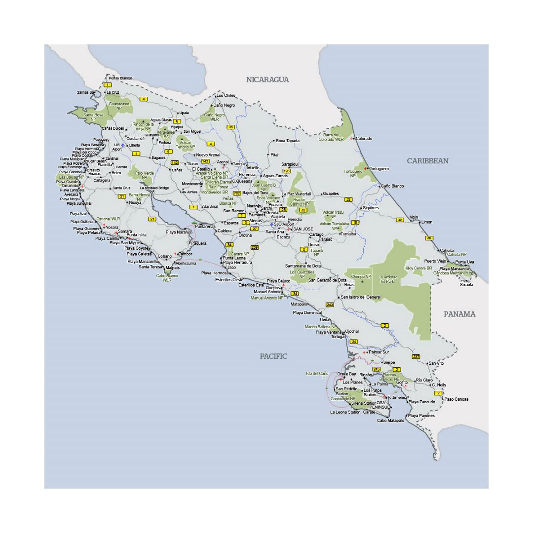 Detailed map of Costa Rica with cities, national parks and other marks