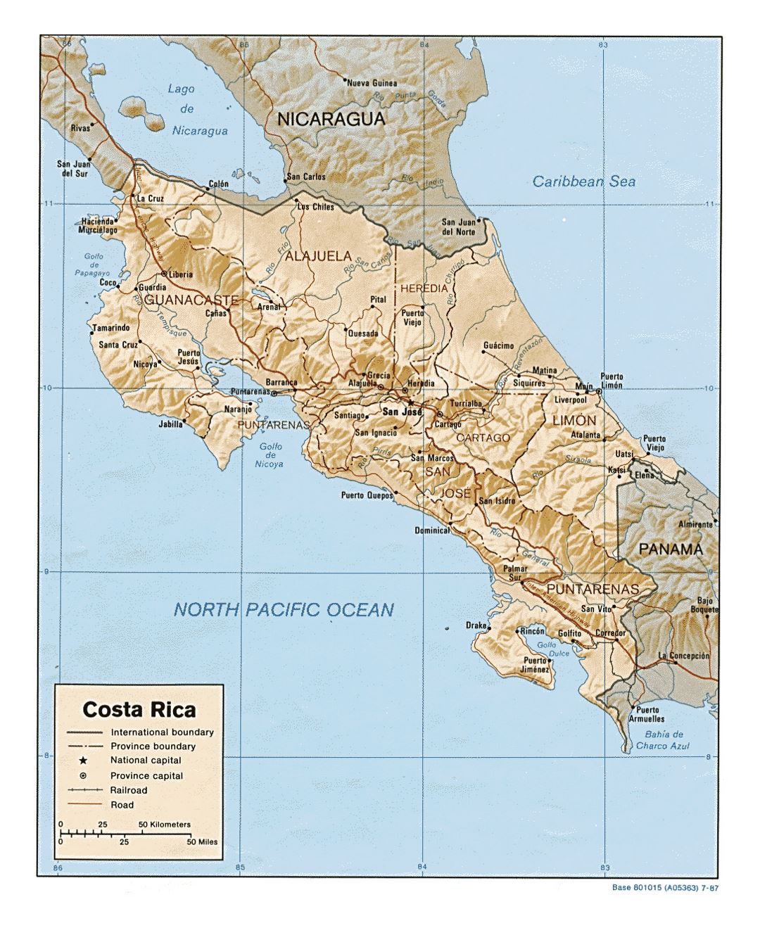 Detailed political and administrative map of Costa Rica with relief, roads, railroads and major cities - 1987