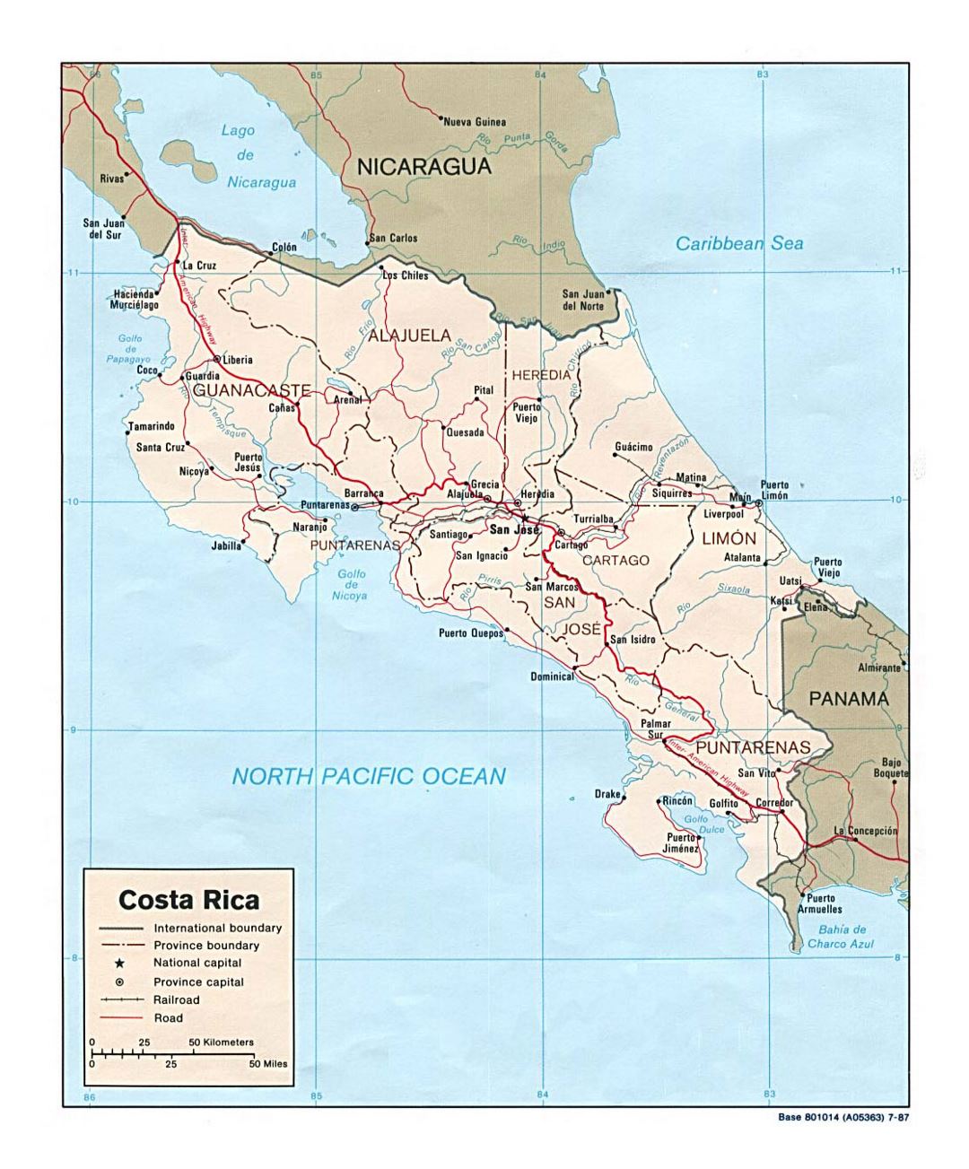 Detailed political and administrative map of Costa Rica with roads, railroads and major cities - 1987