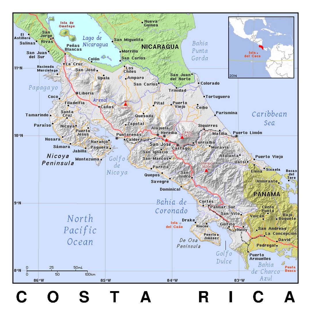 Detailed political map of Costa Rica with relief