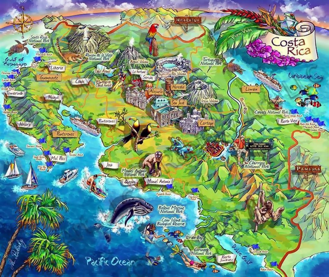 Detailed tourist illustrated map of Costa Rica