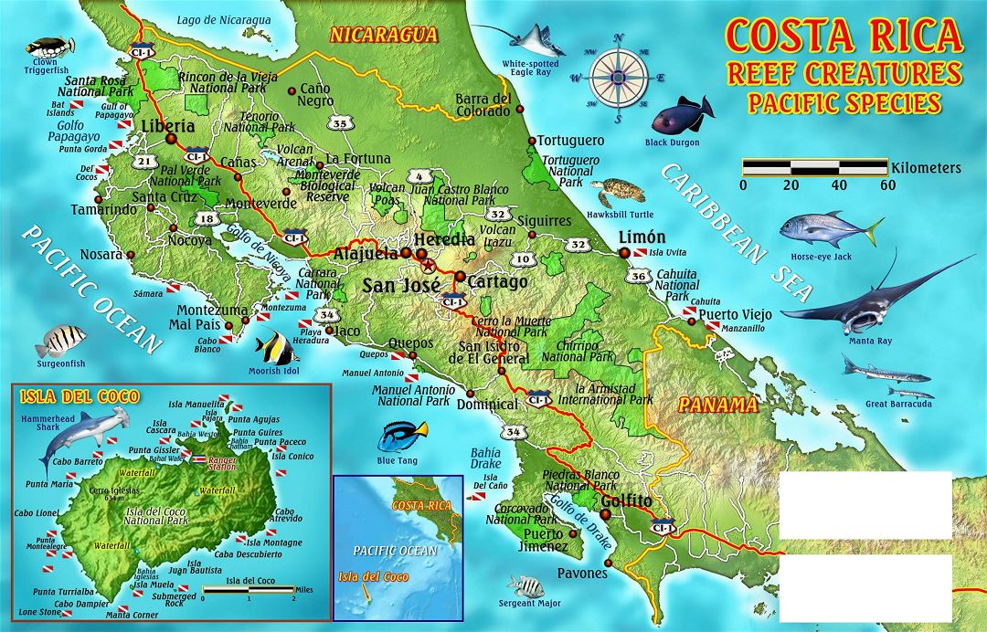 Large detailed dive map of Costa Rica