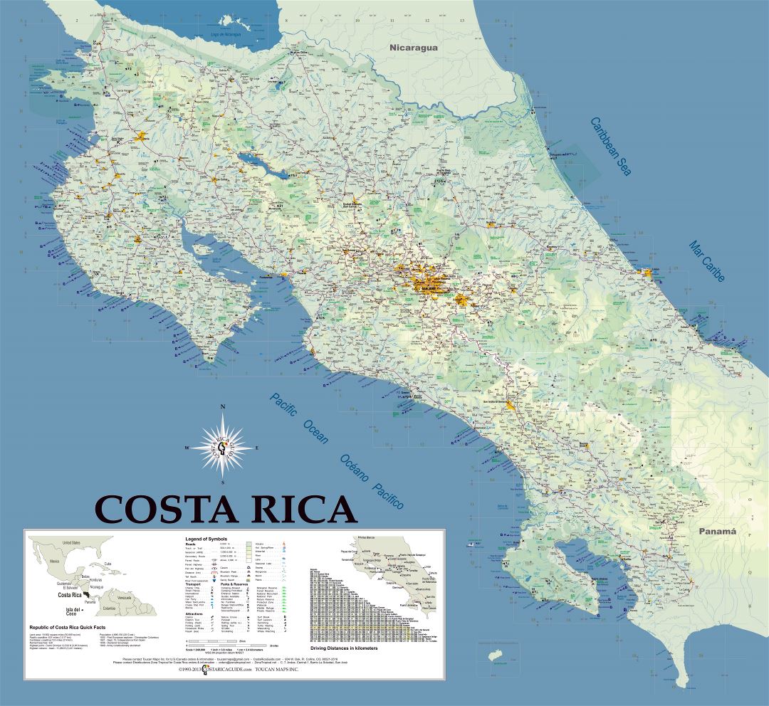 Large detailed map of Costa Rica with roads, cities, airports and other marks