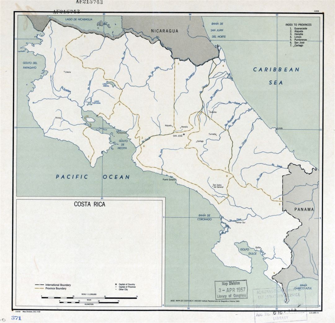 Large detailed political and administrative map of Costa Rica with major cities - 1950