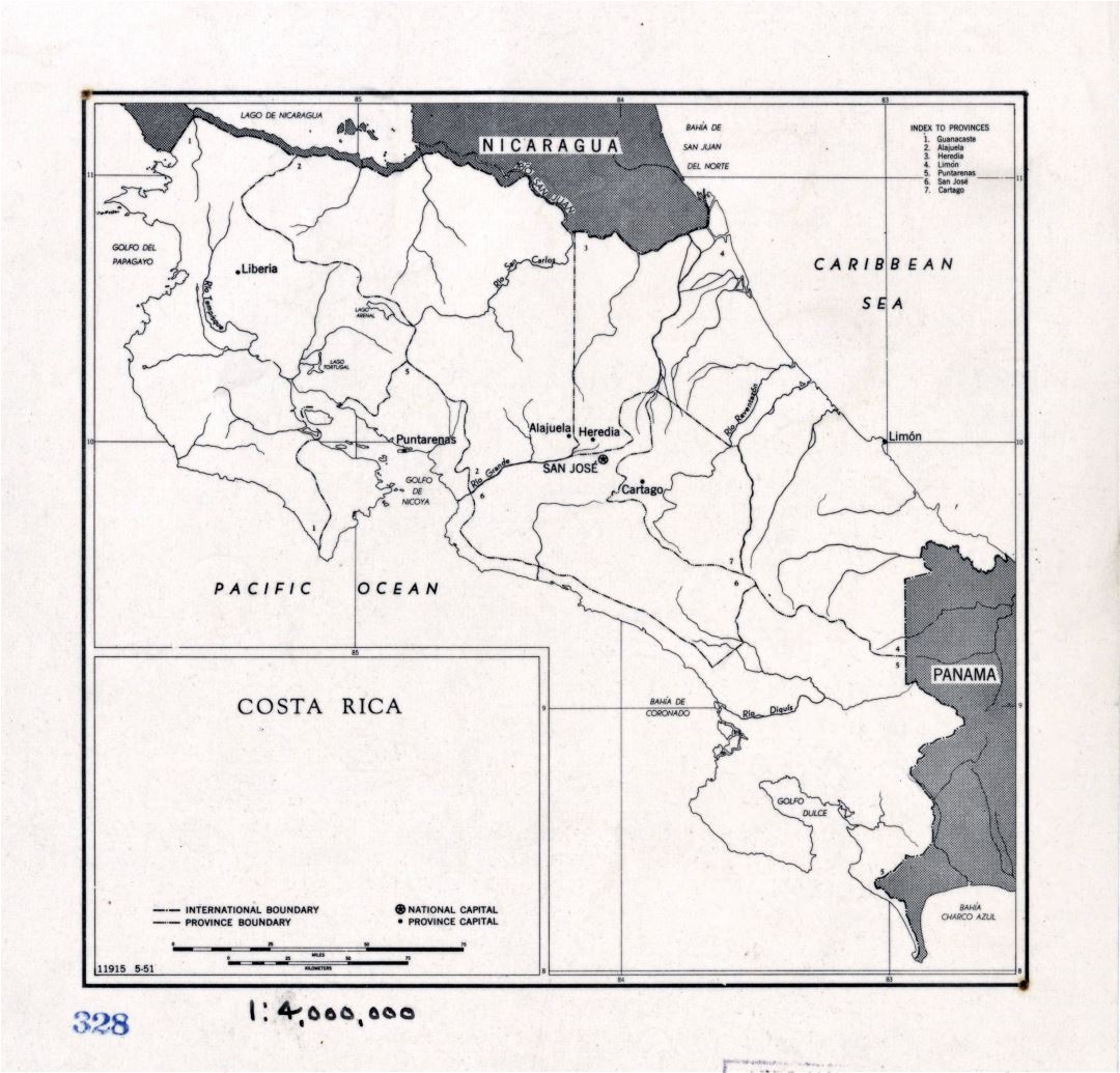 Large detailed political and administrative map of Costa Rica with major cities - 1951