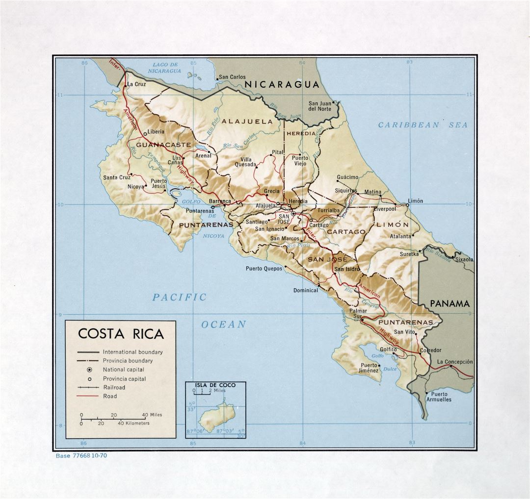 Large detailed political and administrative map of Costa Rica with relief, roads, railroads and major cities - 1970