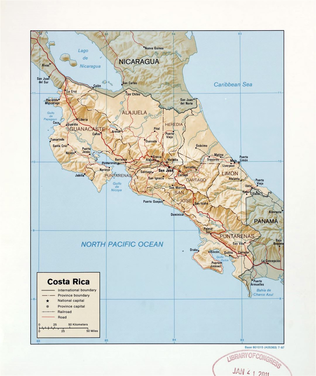 Large detailed political and administrative map of Costa Rica with relief, roads, railroads and major cities - 1987