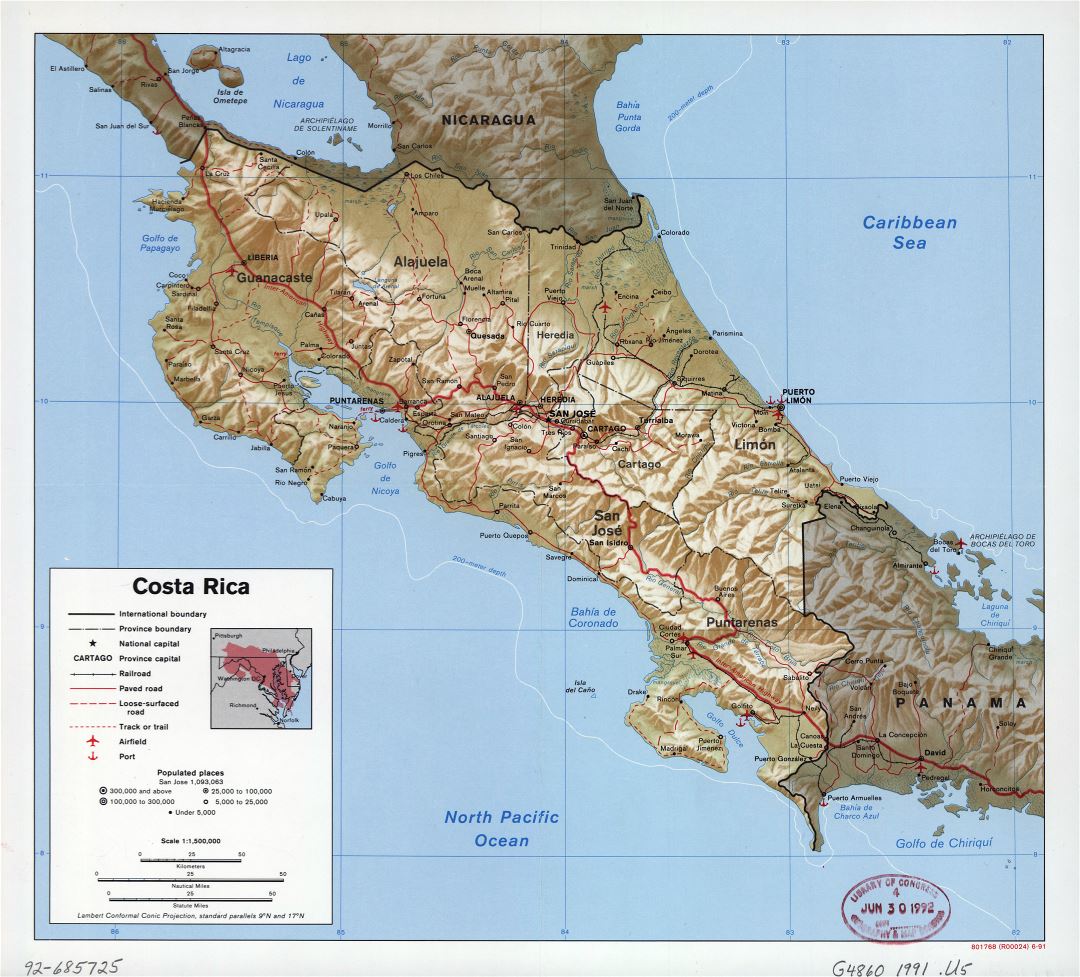 Large detailed political and administrative map of Costa Rica with relief, roads, railroads, major cities, ports and airports - 1991