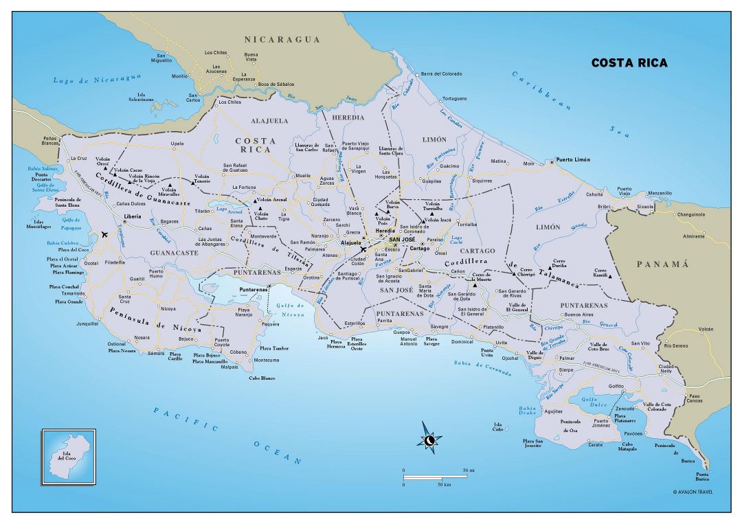 Large detailed political and administrative map of Costa Rica with roads, major cities and airports