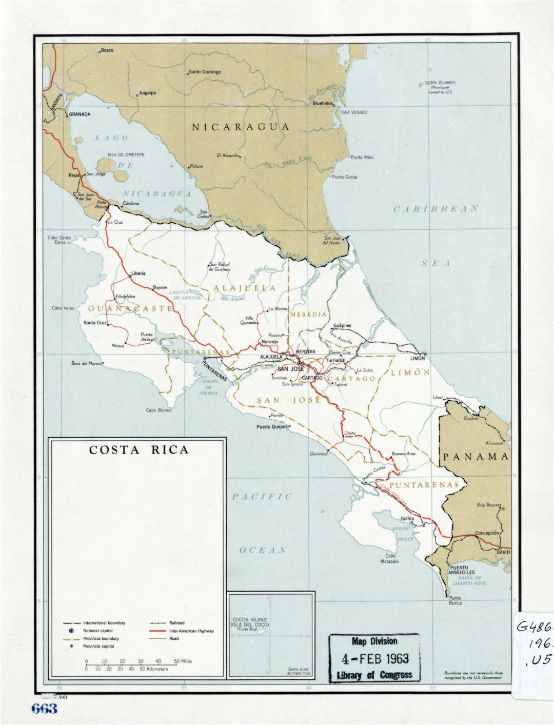 Large detailed political and administrative map of Costa Rica with roads, railroads and major cities - 1961