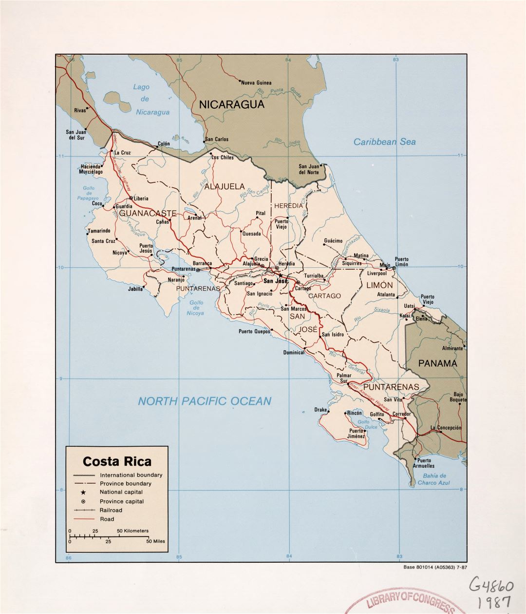 Large detailed political and administrative map of Costa Rica with roads, railroads and major cities - 1987