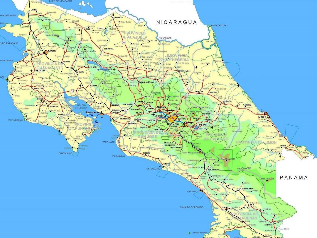 Large detailed road map of Costa Rica