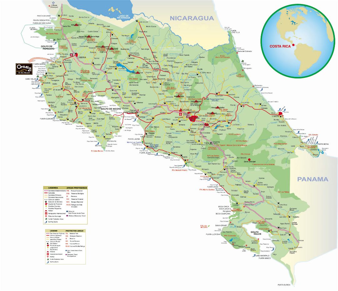 Large detailed road map of Costa Rica with cities, gas stations and other marks