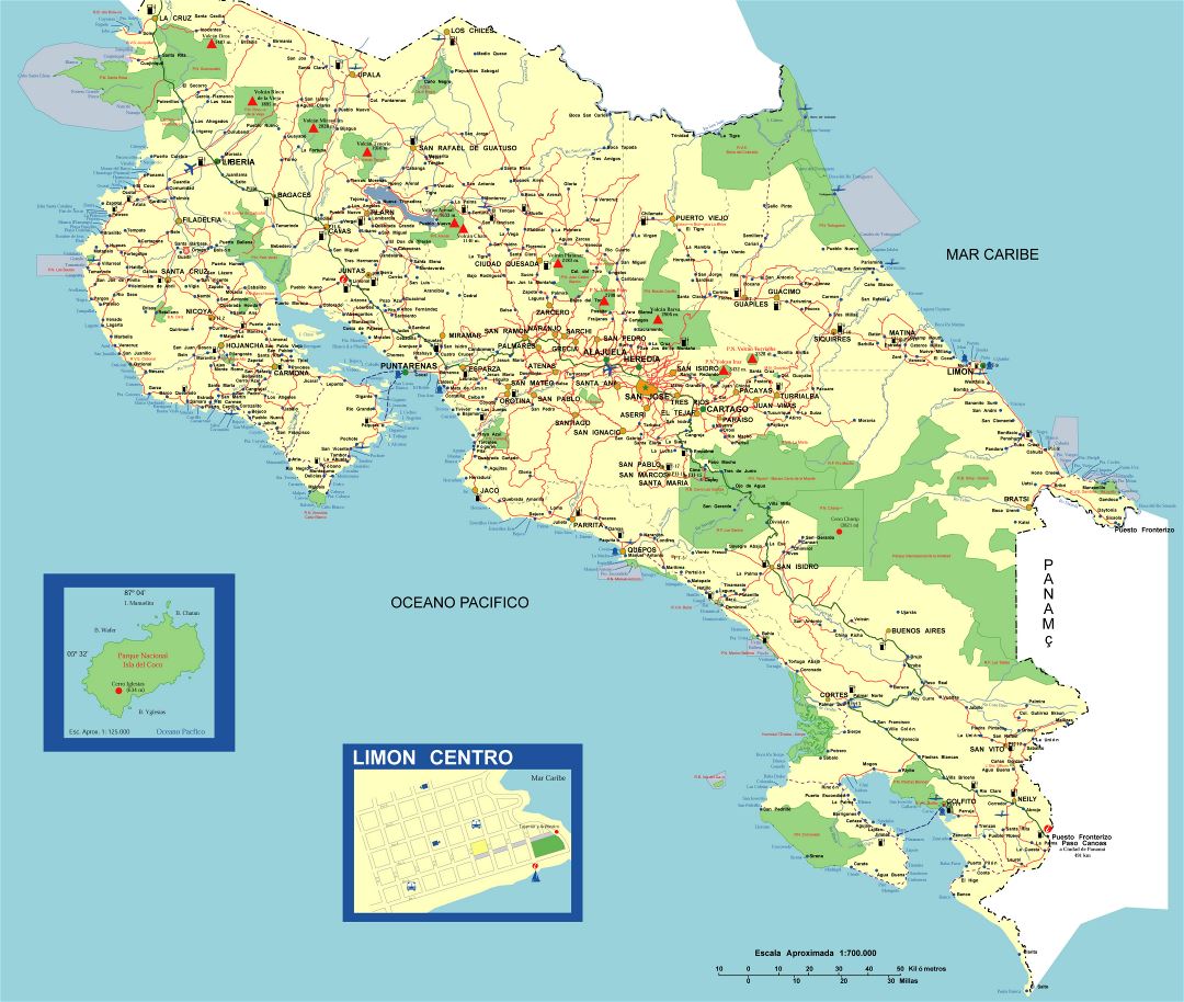 Large detailed road map of Costa Rica with gas stations