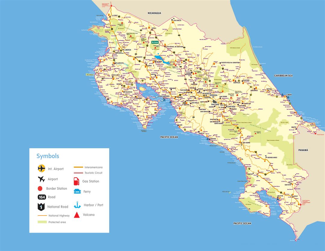 Large detailed roads and highways map of Costa Rica with cities and other marks