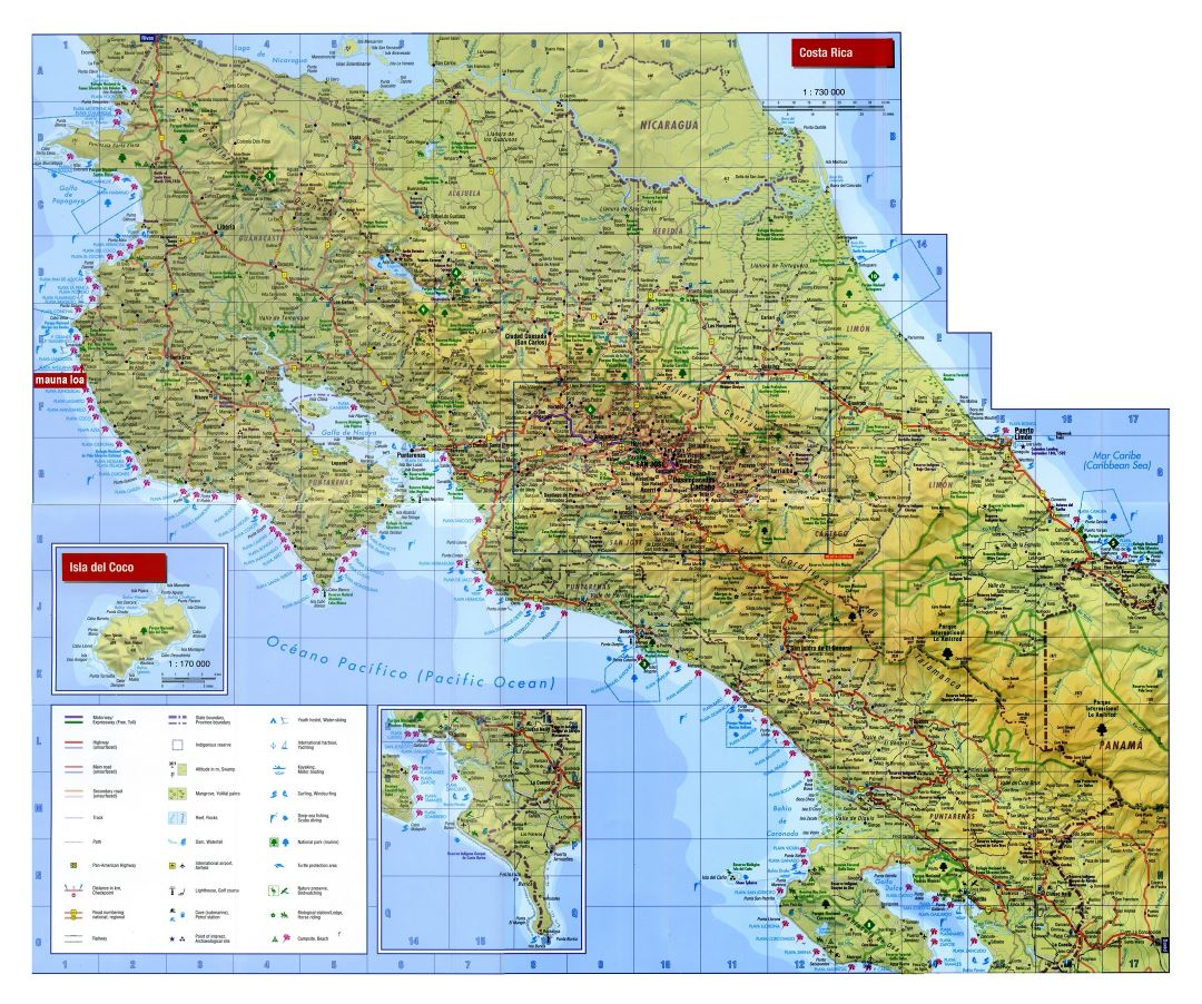 Large detailed topographical map of Costa Rica with other marks