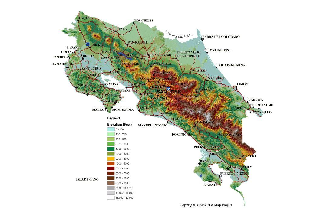 Large detailed topography map of Costa Rica with roads, major cities and airports