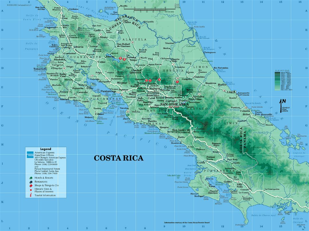 Large detailed tourist map of Costa Rica with other marks