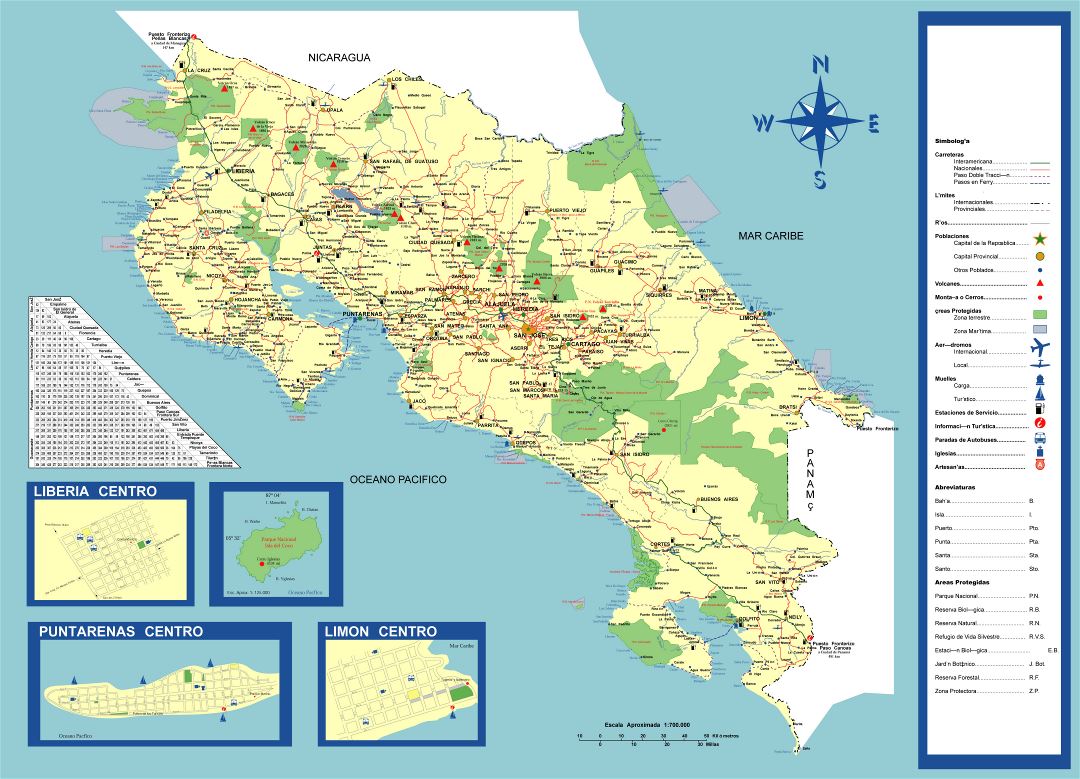 Large detailed travel map of Costa Rica
