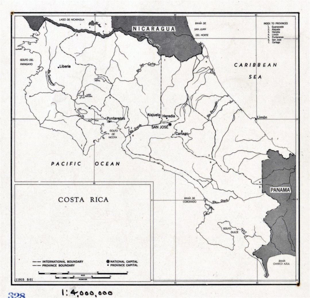 Large political and administrative map of Costa Rica - 1951