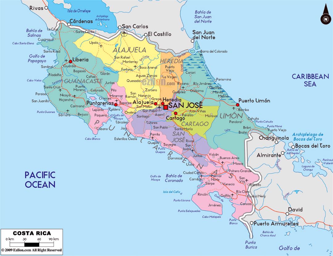 Large political and administrative map of Costa Rica with roads, cities and airports