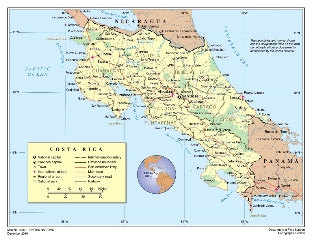 Large political and administrative map of Costa Rica with roads, cities, national parks and airports