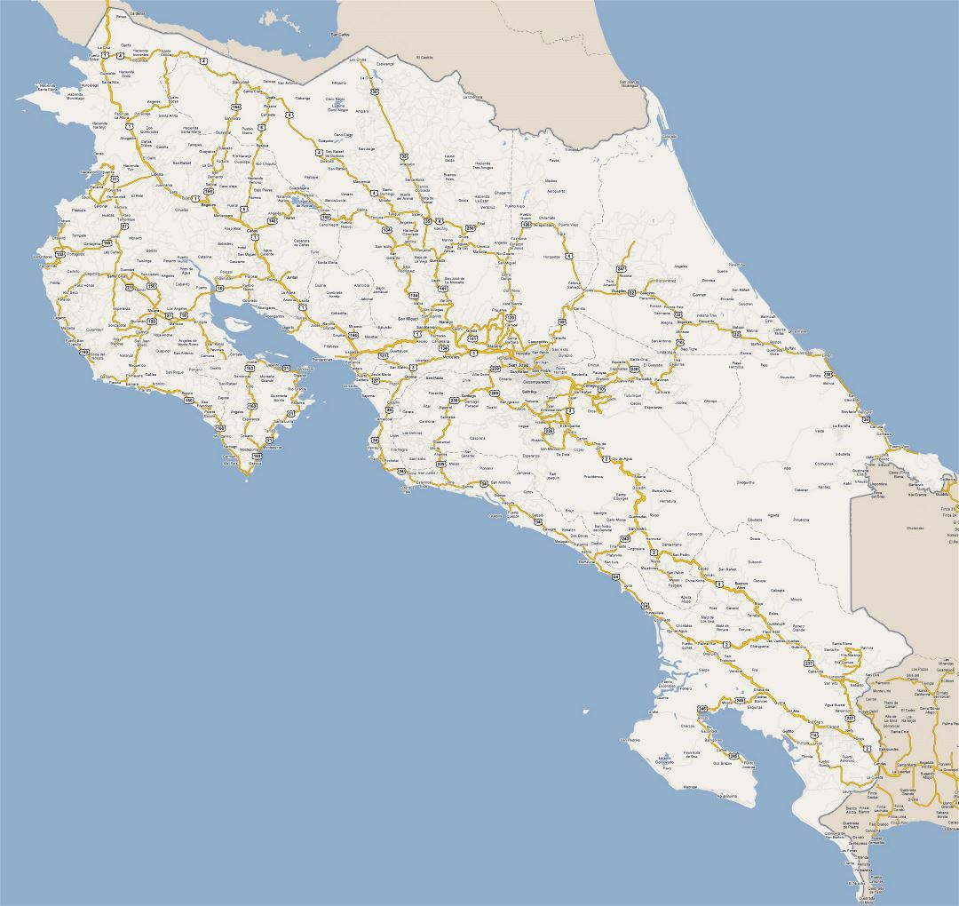 Large road map of Costa Rica with all cities