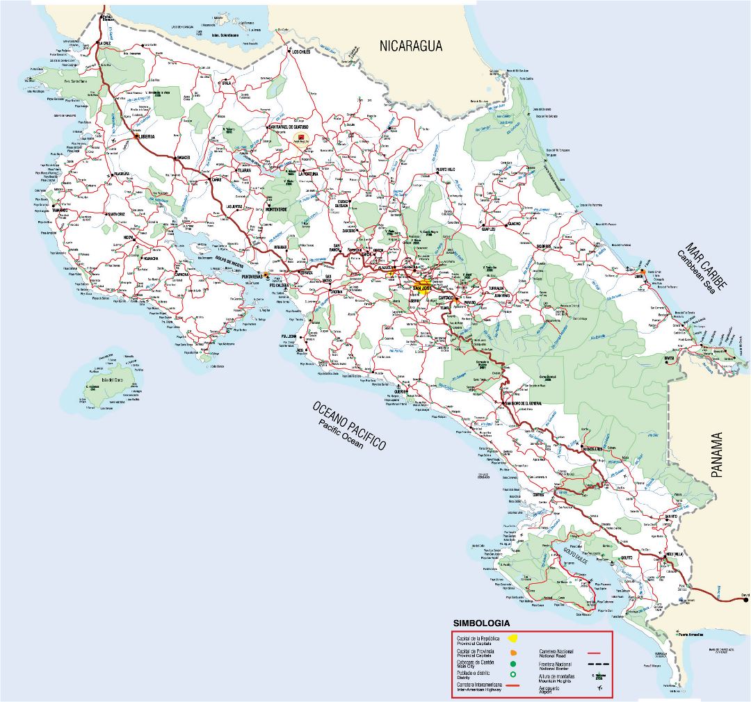 Large road map of Costa Rica with cities, national parks and airports