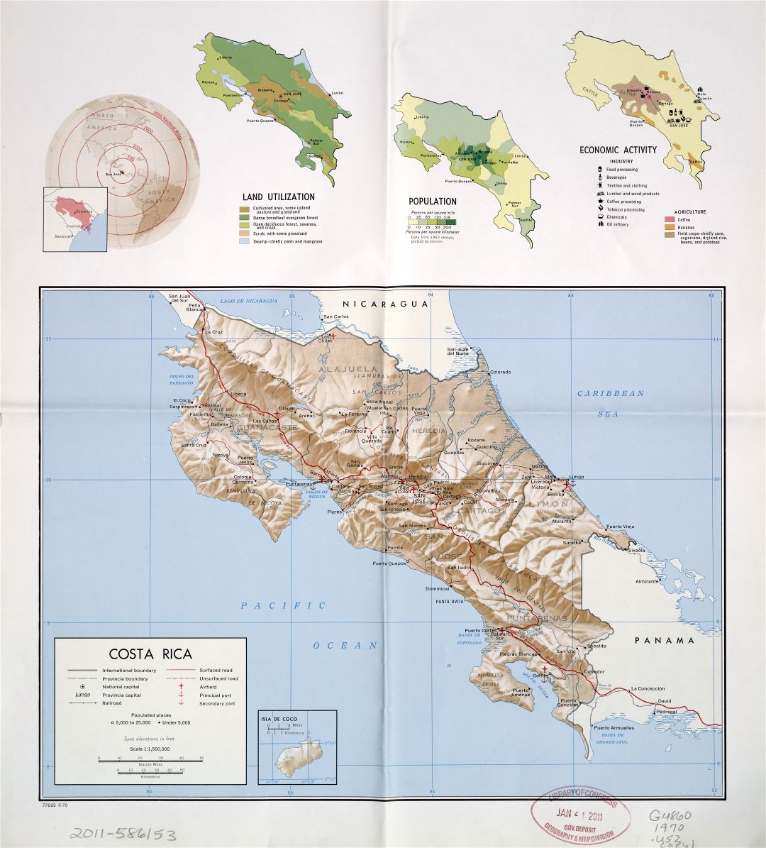 Large scale country profile map of Costa Rica - 1970