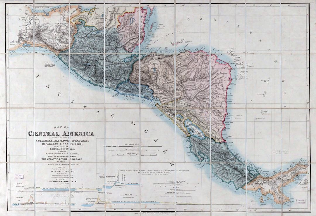Large scale old map of Central America including the states of Guatemala, Salvador, Honduras, Nicaragua and Costa Rica, the territories of Belise and Mosquito with parts of Mexico - 1850