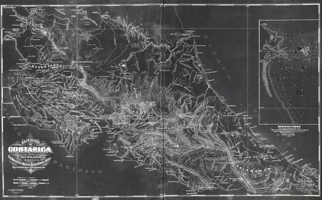 Large scale old map of Costa Rica with relief - 1868