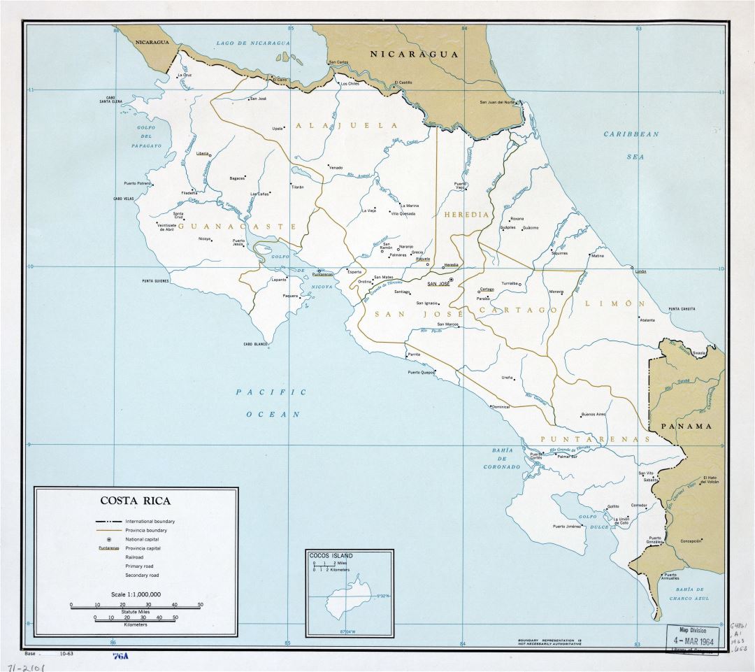 Large scale political and administrative map of Costa Rica with major cities - 1963