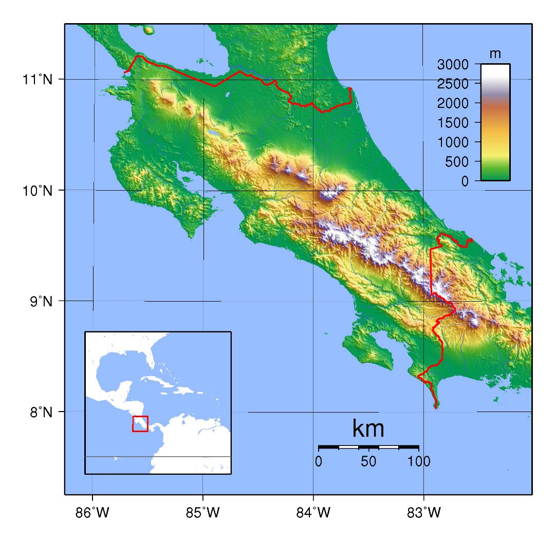 Large topographical map of Costa Rica