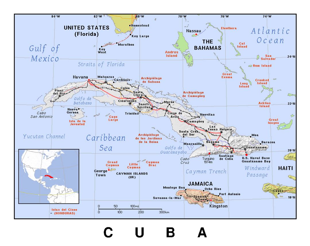 Detailed political map of Cuba with relief