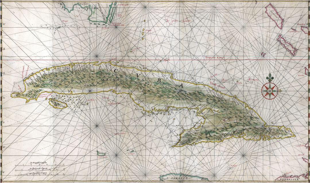 Large detailed antique map of Cuba with relief