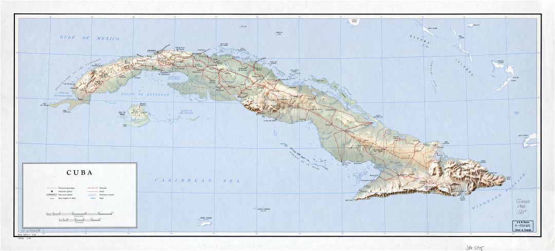 Large detailed political and administrative map of Cuba with relief, roads, railroads, cities and other marks - 1960