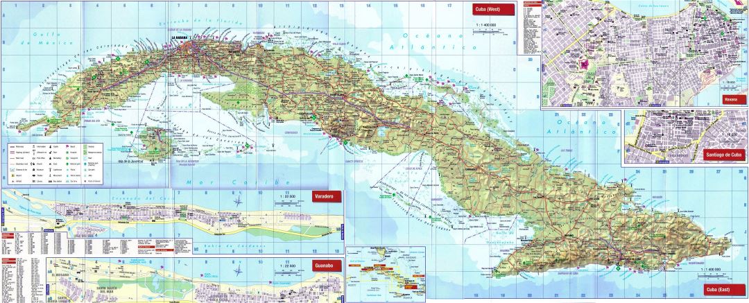 Large detailed road map of Cuba with other marks