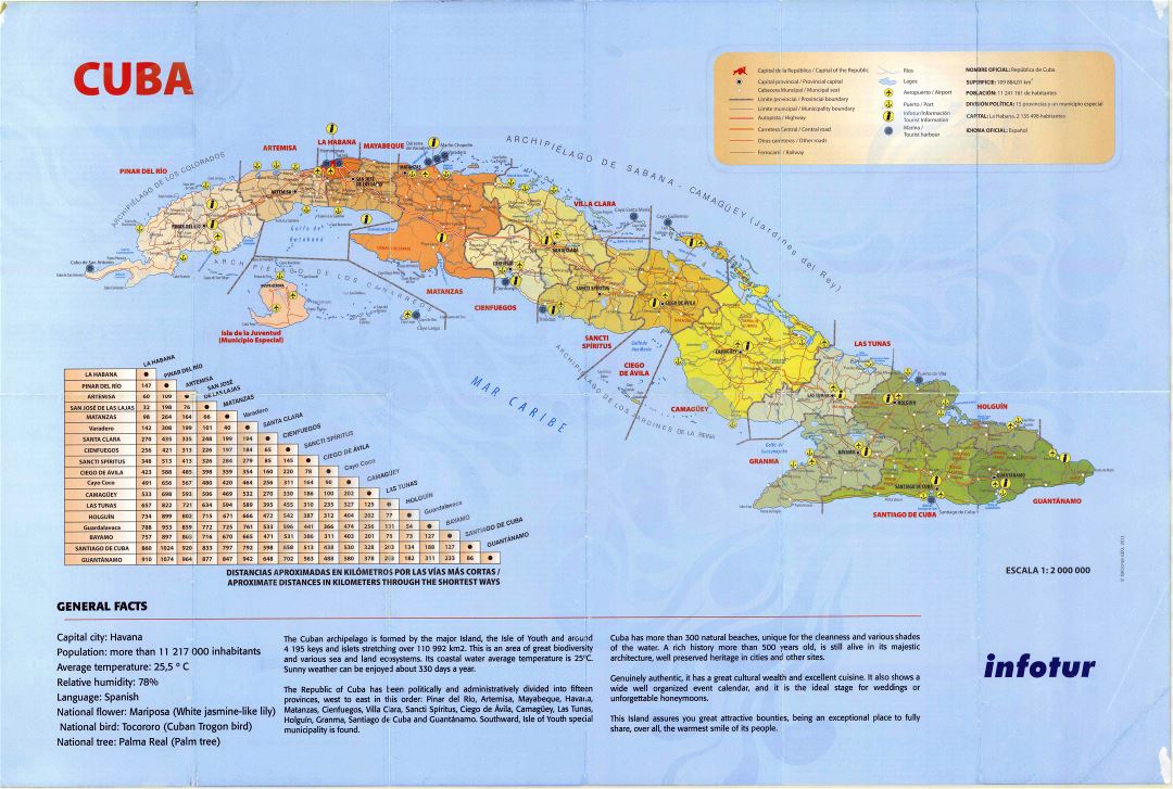 Large detailed tourist map of Cuba with administrative divisions, roads, cities, ports, airports and other marks